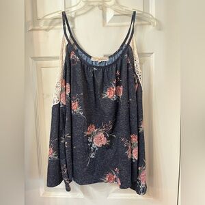 Rewind Floral Navy Blue Top with Lace Accents